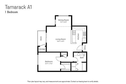 Floor plan for 1 bed, 1 bath, 755 sqft